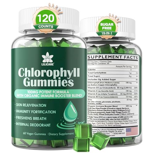 Chlorophyll Gummies - Super Green with Wheat Grass Sea Moss Unfiltered ACV & Elderberry Echinacea Zinc Complex & Vitamin D3 C E B12 for Natural Deodorant Immune & Digestion Support Pack of 2
