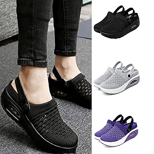2023 New Summer Women Diabetic Walking Air Cushion Orthopedic Slip-On Shoes,Breathable with Arch Support Mesh Sneaker Sandals,Outdoor Slippers Walking Shoes(Black)4