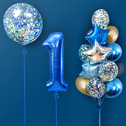 weeyin Decoración Cumpleaños Niño 1 año Azul, 40 Pulgadas Globos Numeros Gigante 1 Cumpleaños, Decoracion Cumpleaños 1 Años Niño, Globos de Látex Azul, Globo de Confeti Enorme, Reutilizable