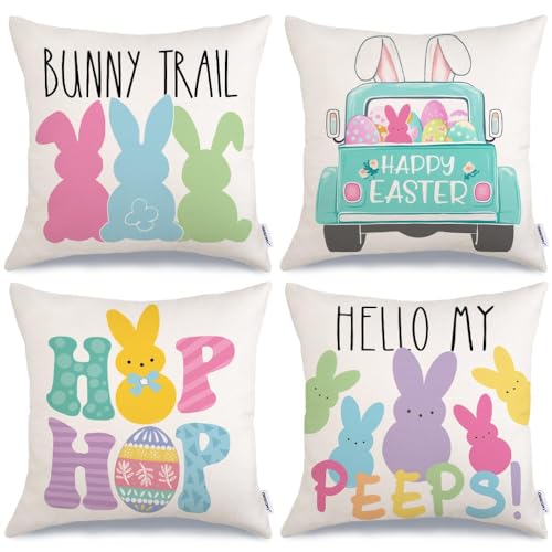 GEEORY Easter Pillow Covers 18x18 Set of 4 Easter Decorations for Home Bunny Truck Hello Peeps Hip Hop Decorative Throw Pillows Spring Easter Farmhouse Decor