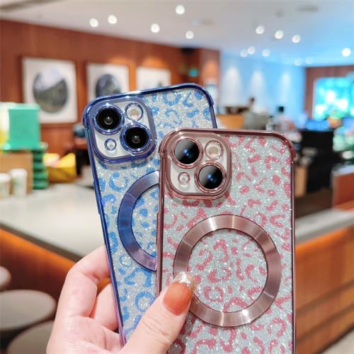 Coque iPhone 14 imprimé léopard pailleté bleu avec support magnétique sans fil - 4