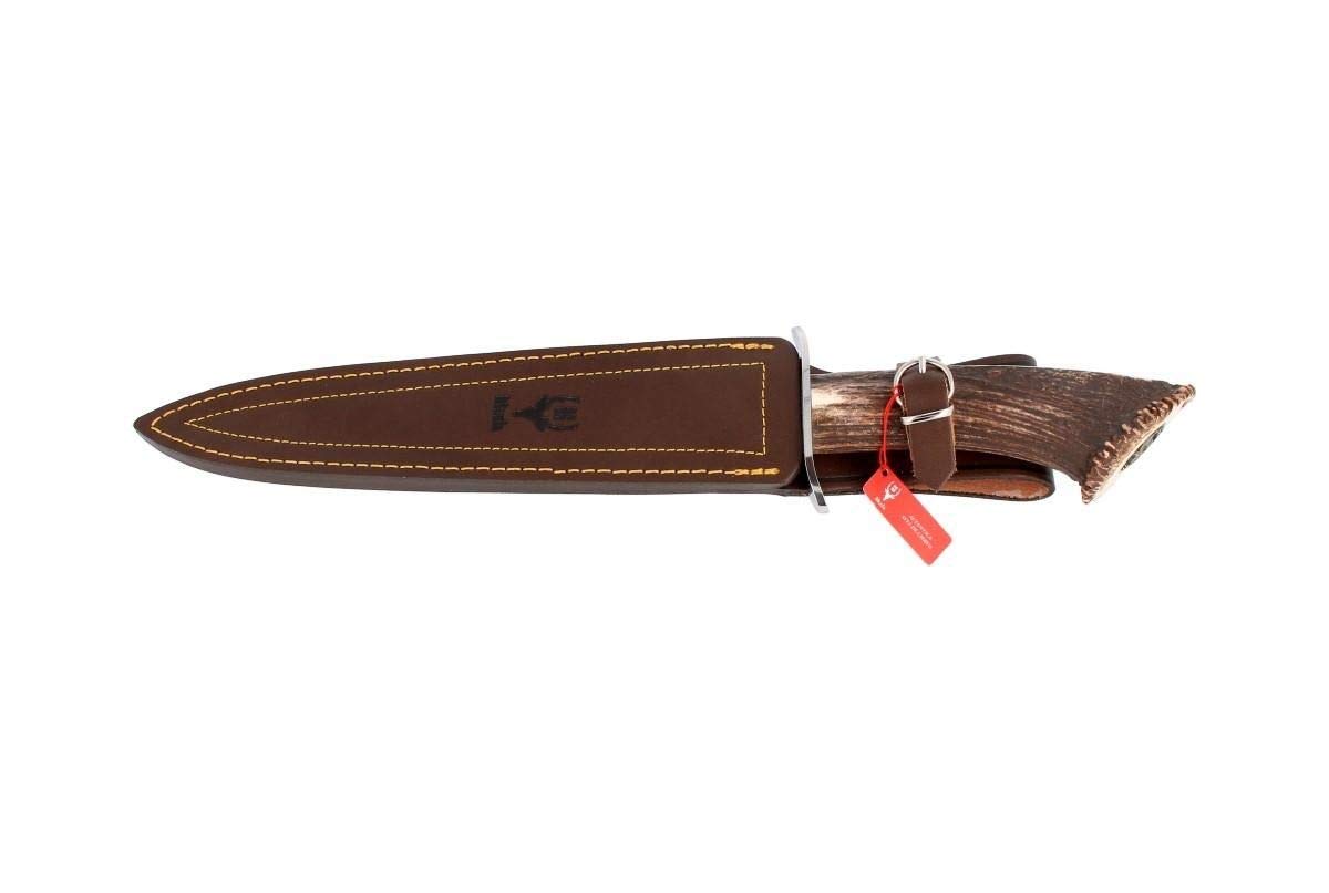 Muela Cuchillo BEAR-24S hoja de acero ACX-380 de 24,5 cm y empuñadura de asta de ciervo para Caza, Pesca, Supervivencia y Bushcraft Realizado en Ciudad Real + Portabotellas de regalo