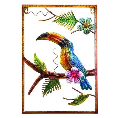 J-Fly Toucan Large Metal Wall Art Tropical Decorations Hand-painted Wall Decor for Garden Fence Bedroom Living Room Indoor Outdoor Decor 18 Inches, Valentine Decoration Gifts