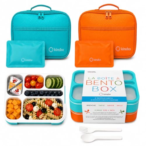 kinsho Lunch Boxes for Kids Boys Teens - Bento Box Set with Insulated Bag & Ice Pack, 6 Compartment Leak Proof Food Container, BPA-Free, Microwave Safe, Ideal for School & Work, Teal + Orange