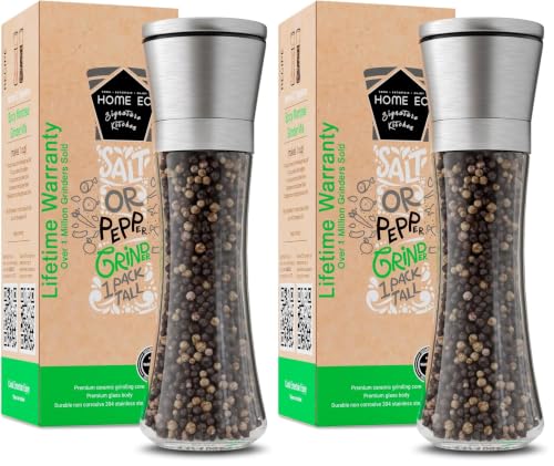 Image of HOME EC Original Stainless Steel Salt or Pepper Grinder 1pk - Adjustable Ceramic Sea Salt Grinder or Pepper Mill - Tall Glass Spice Shaker - Spice Mill w /EBook (Pack of 2)