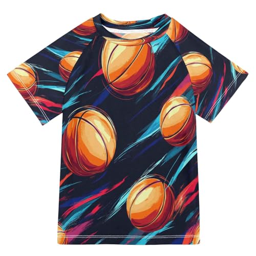 Boys Short Sleeve T-Shirts Basketball Funny Pattern Rashguard Kids Swim Shirts Sun UPF 50+