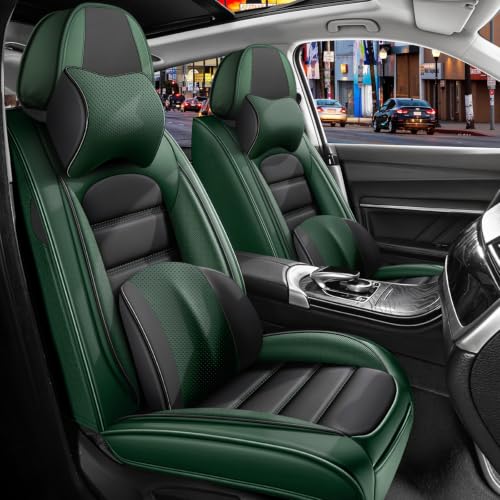 Image of Front Set Car Seat Covers for Jeep Compass 2007-2026, Waterproof Stain-Resistant Seat Cover, Premium Nappa Leather Seat Protectors with Storage Pockets(Luxury 2 Seats /Black&Green)
