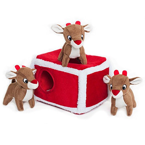ZippyPaws Holiday Burrow- Interactive Dog & Puppy Toy for Boredom, Stimulating Pet Product to Keep them Busy, Hide & Seek Plush Dog Puzzle, Enrichment Squeaky Toy for Small & Medium Dogs- Reindeer Pen