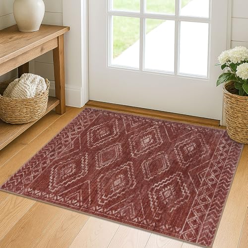 KILOCOCO Boho Entryway Rug 2x3 Printed Small Area Rug Indoor Door Mat Machine Washable Kitchen Rugs Super Soft Non Slip Throw Rugs for Bedroom Entrance Geometric Laundry Room, Burnt Orange/Red
