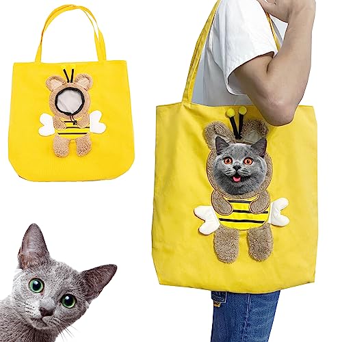 Cute Cat Head Out Carry Bag Funny Show Head Pet Canvas Shoulder Bag Pet Breathable Out Bag Outcrop Travel Bag (Bee)