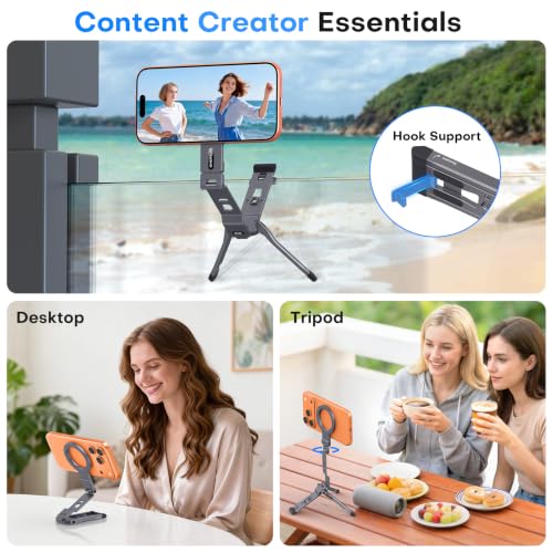 Image of OMOTON TP03 [Ultra-Slim] for MagSafe Tripod, 360 Rotating Magnetic Phone Tripod for iPhone 17 /16 Pro Max Air Women Men, Fold Cell Phone Stand with 1 /4 inch Screw & Hook Fits Vlog, Travel Essentials, Gray
