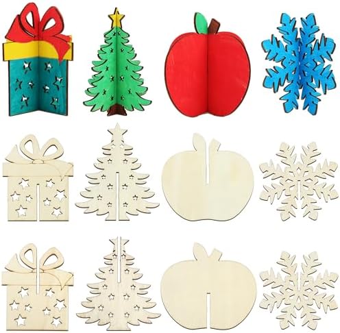 DIY 3D Christmas Wood Crafts to Paint, Unfinished Wooden Table Decorations, Wooden Slices Christmas Decor Cutouts Ornaments for DIY Art Craft Painting Decor with 4 Styles (32 PCS)