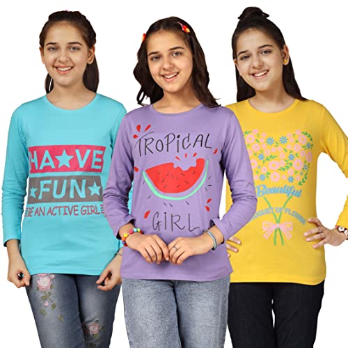 Image of KYDA KIDS Girls Cotton Full Sleeve Printed T-Shirt (Pack of 3)