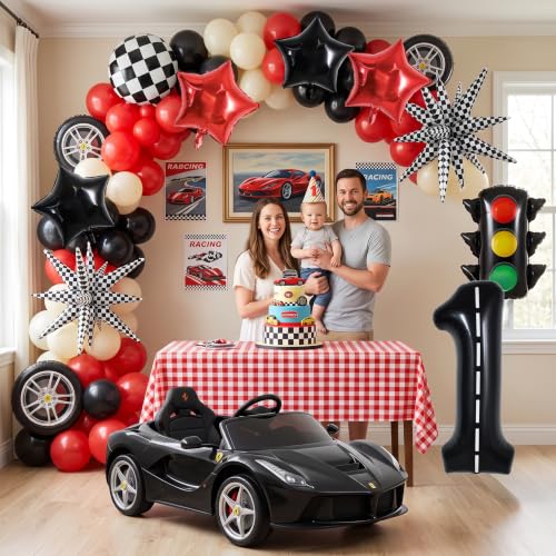 Image of TONIFUL Race Car Party Balloons Set - 40 Inch Racetrack Number 1 Foil Balloon with Checkered & Star Balloons for Boys 1st Birthday Car Themed Decorations, Baby Shower Photo Backdrop Supplies