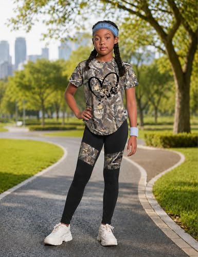 Image of Girls 2 Piece Outfits Kids Clothes Pants Sets Print Short Sleeve Top Leggings Spring Summer Tracksuit 4-13Y