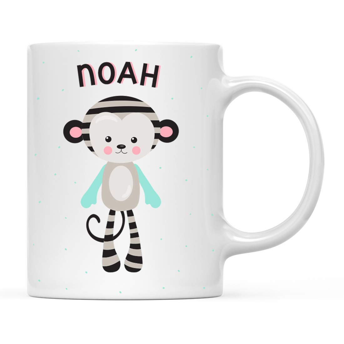 Andaz Press Personalized 11oz. Kids Milk Hot Chocolate Mug, Mod Monkey Doll, 1-Pack, Custom Child’s Birthday Christmas Coffee Cup