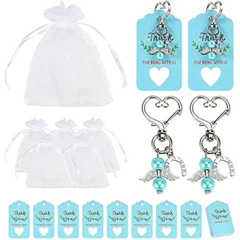 20Pcs Guardian Angel Keychains, Blue Angel Keychain with Organza Bags and Thank You Tags Angel Keyrings Pendant Guest Return Gifts for Wedding Favours Baby Shower Kids Birthday Party Gifts Cover