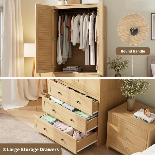GarveeHome Armoire Wardrobe Closet with Drawers, 69.5 in Wooden Wardrobe Cabinet with Hanging Rod, 2 Doors Clothing Storage Cabinet for Bedroom, Large Capacity Storage, Louvered Door, Natural - Image 6
