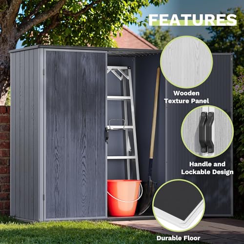 Image of Devoko 5x3 FT Resin Storage Shed with Floor, Small Plastic Vertical Outdoor Cabinet with Lockable Door, Waterproof Tool Garden Shed for Backyard Patio Lawn, Dark Gray