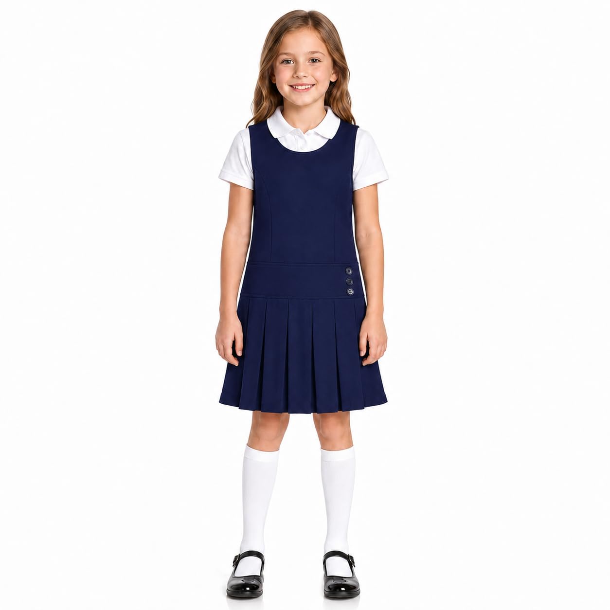 Bienzoe Jersey de uniforme escolar para niñas: vestido sin mangas con dobladillo plisado elástico para niños