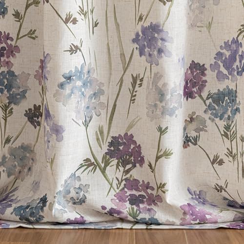 Image of MYSKY HOME Floral Linen Curtains 84 inch Long 2 Panels Set for Living Room Semi Sheer Light Filtering Privacy Protect Farmhouse Grommet Drapes, Purple, 52 inch Wide Each Panel, 2 Pcs