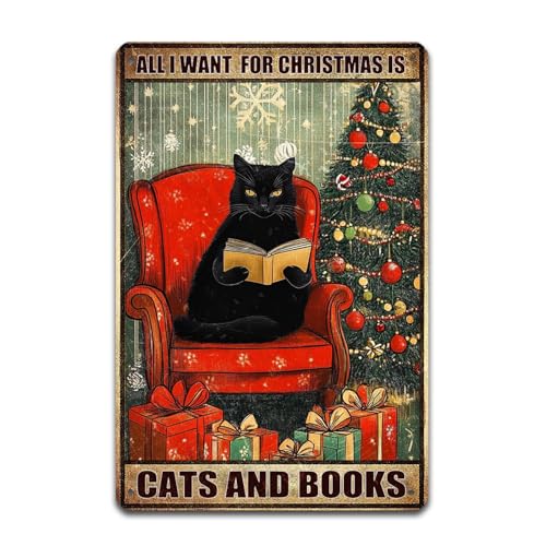 Gudaci Retro Christmas Black Cat Wall Decoration I Only Want Cats and Books Retro Metal Tin Logo Art Posters Interesting Posters Coffee Shop Restaurant Home Decoration Wall Study Garden Decoration 8X12 inch