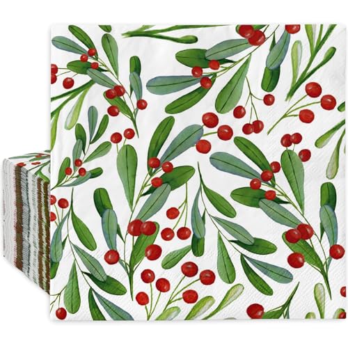 AnyDesign 80 Pack Christmas Paper Napkins Disposable Watercolor Holly Leaves Berries Napkins Xmas Decorative Dessert Dinner Hand Napkin for Christmas Winter Holiday Party Supplies, 6.5 x 6.5 Inch