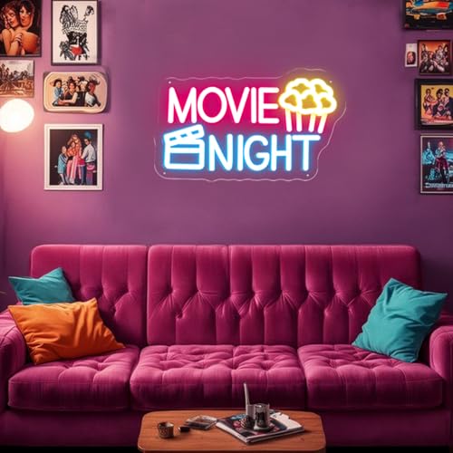 Image of Movie Night Neon Sign With Popcorn Dimmable LED Neon Lights for Wall Decor USB Powered Light Up Signs for Bedroom Living Room Cinema Film Room Man Cave Home Bar Wedding Birthday Party