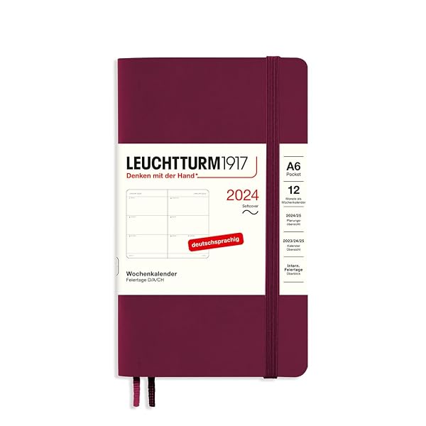 LEUCHTTURM1917 367673 Agenda settimanale Pocket (A6) 2024, copertina morbida, Port Red, tedesco, 12 mesi
