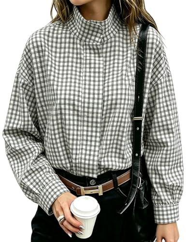 Vimida Women Oversized Cropped Gingham Jacket Zip Up Stand Collar with Batwing Sleeves Casual Coat...