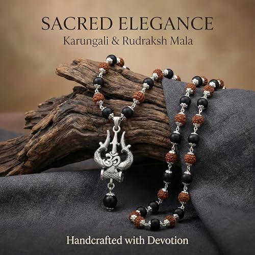 Image of Gratify Original Rudraksha & Karungali Mala 8mm 54 Beads with Shiva Trishul OM Pendant | Authentic Ebony Wood Spiritual Necklace for Protection, Meditation, Focus & Positive Energy | Unisex