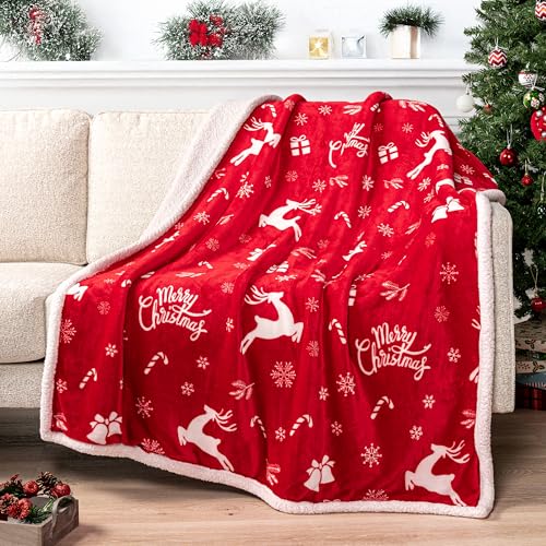 PAVILIA Red Reindeer Christmas Sherpa Throw Blanket, Ultra Soft Reversible Fleece Sherpa 50x60 Winter Blanket for Couch & Bed, Cozy Christmas Home Decor Holiday