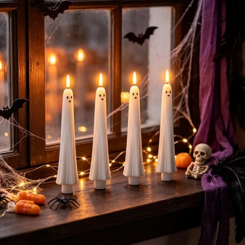 Image of Ghost Flameless LED Taper Candles Battery Operated Remote Timer | Ghost Light Flameless Candlesticks, Long Lasting Real Wax 3D Wick Flickering, Cute Halloween Decor, 0.79 inchD x 9.5 inchH, 4 Pack