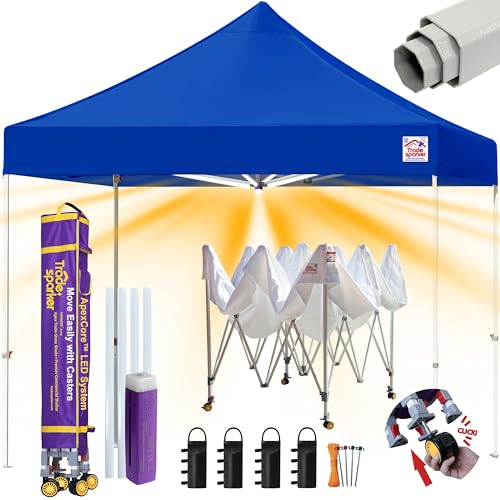 Image of Tradesparker 10x10 Pop Up Canopy Tent,Commercial Movable Canopy with ApexCore LED&Rugged Casters-Instant Easy Setup Shelter Canopies with Weight Bags&Stakes for Outdoor Events Markets Vendors,Blue