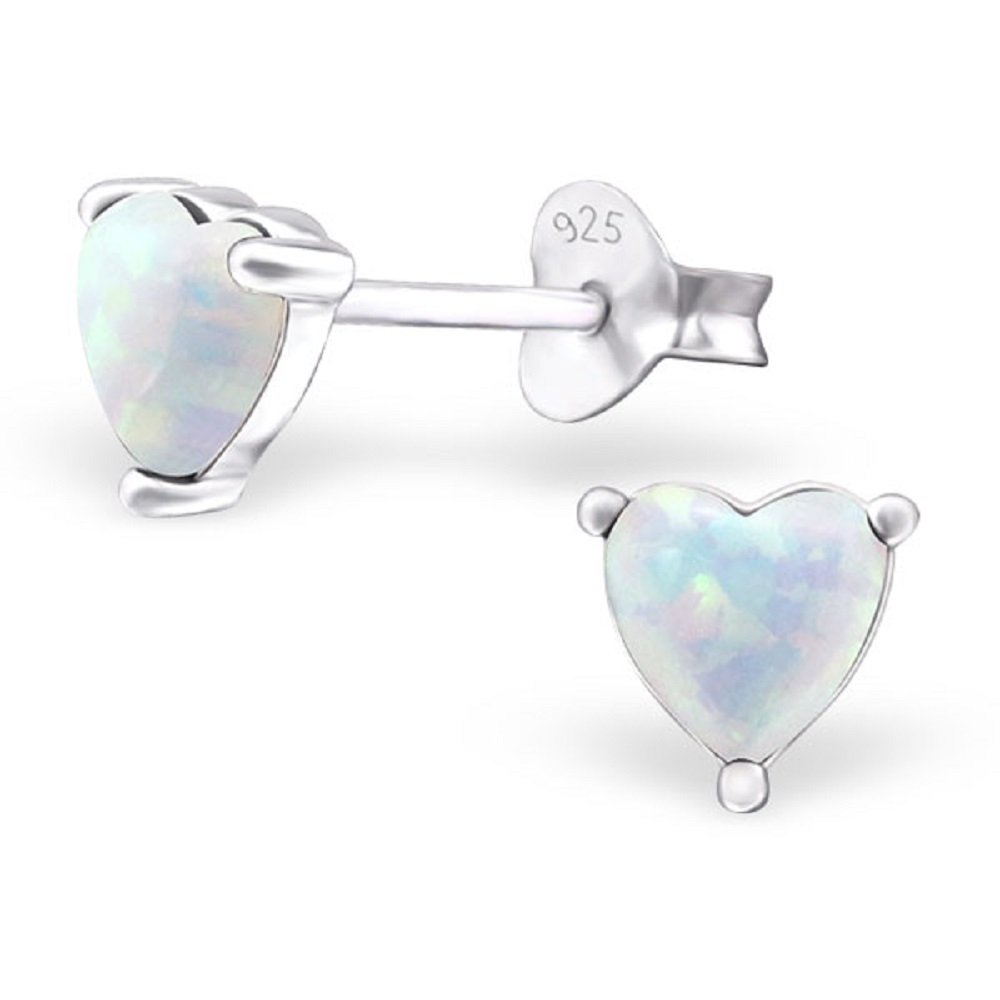 ICYROSE 925 Sterling Silver Small Heart w/Fire Snow Synthetic Opal Ear Studs 23624