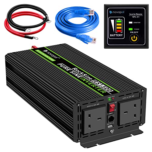 Convertisseur Pur Sinus 1500W-DC 24V à AC 220V/230V Onduleur-2 Prise Française de Courant Alternatif et 1 Port USB-télécommande avec INCL. 5 mètres-Puissance de Pointe 2000W transformateur de Tension Cover
