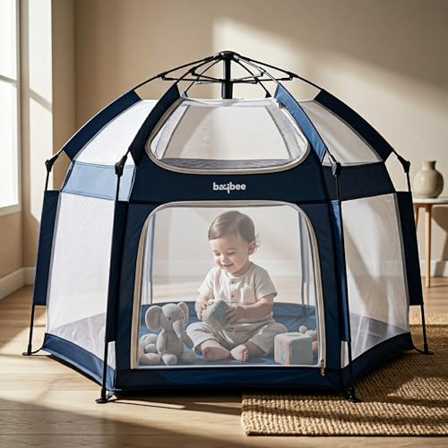 Image of Baybee 140 x 110 Cm JoyNest Kids Playpen for Babies Up to 5 Years | Foldable Playard for Babies with Mosquito Protection & Zipper Lock | Baby Indoor & Outdoor Play Area Setup with Hexagon shape for Extra Space (Blue)