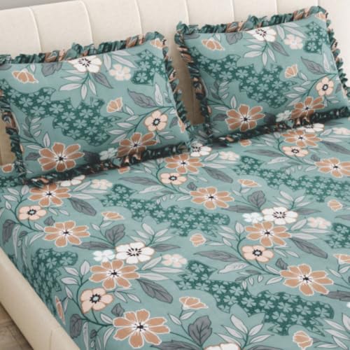Image of Dream Weaverz- Polycotton Printed Double Bed Size Fitted Elastic Bedsheet,2 Pillow Cover,260 Thread (72 inch x 78 inchx7 inch) Home, Bedroom (Green-Brown, King)