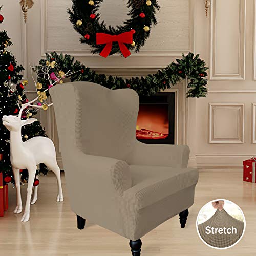 Image of Easy-Going Stretch Wingback Chair Sofa Slipcover Natural | 1-Piece Sofa Cover Furniture Protector Couch Soft with Bottom, Spandex Jacquard