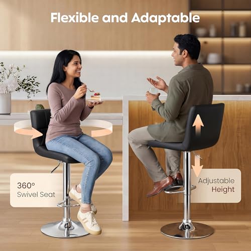 Image of Decor & More - Modern Height Adjustable Bar Chairs for Home | 360 Degree Swivel Seat Top | Bar Chair for Home Kitchen with Footrest | Set of 2 (Metal) - Black