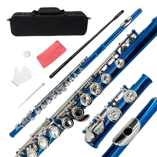 YoungMonic Closed Hole C Flutes 16 Keys Flute for Beginner Student Blue Nickel Flute Instrument with Cleaning Kit Carrying Case Gloves Tuning Rod