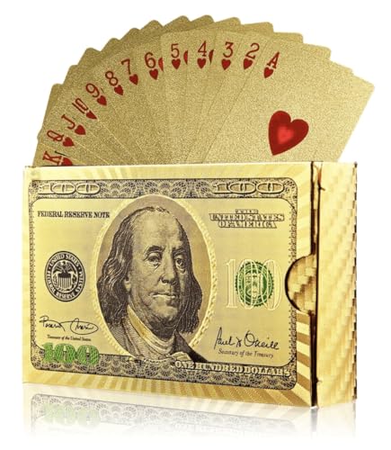 Gold Diamond Playing Cards - Durable and Waterproof, Perfect for Magic, Poker, Parties, and Special Occasions. Ideal for Memorable Gifts. ($100 Bill Theme, 1 Deck)