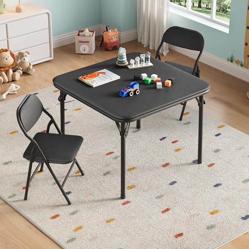 Garvee Juego de mesa plegable y 2 sillas para niños, cojines suaves de poliuretano impermeable, marco de metal tapizado, muebles de actividades portátiles para el hogar, niños pequeños, aprendizaje