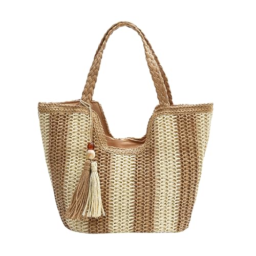 Long Keeper Bolsa feminina de palha de praia grande de tecelagem bolsa de ombro boho de verão bolsa de mão de tecido para viagens férias compras, Caqui, One Size
