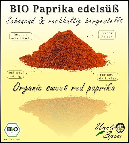 UNCLE SPICE® BIO Paprikapulver edelsüß 150g – Spanisches Paprika Gewürz fein gemahlen – Milder, aromatischer Geschmack für vegane Küche, Tapas, Gemüse & Bowls – Naturrein & DE-ÖKO-005 zertifiziert