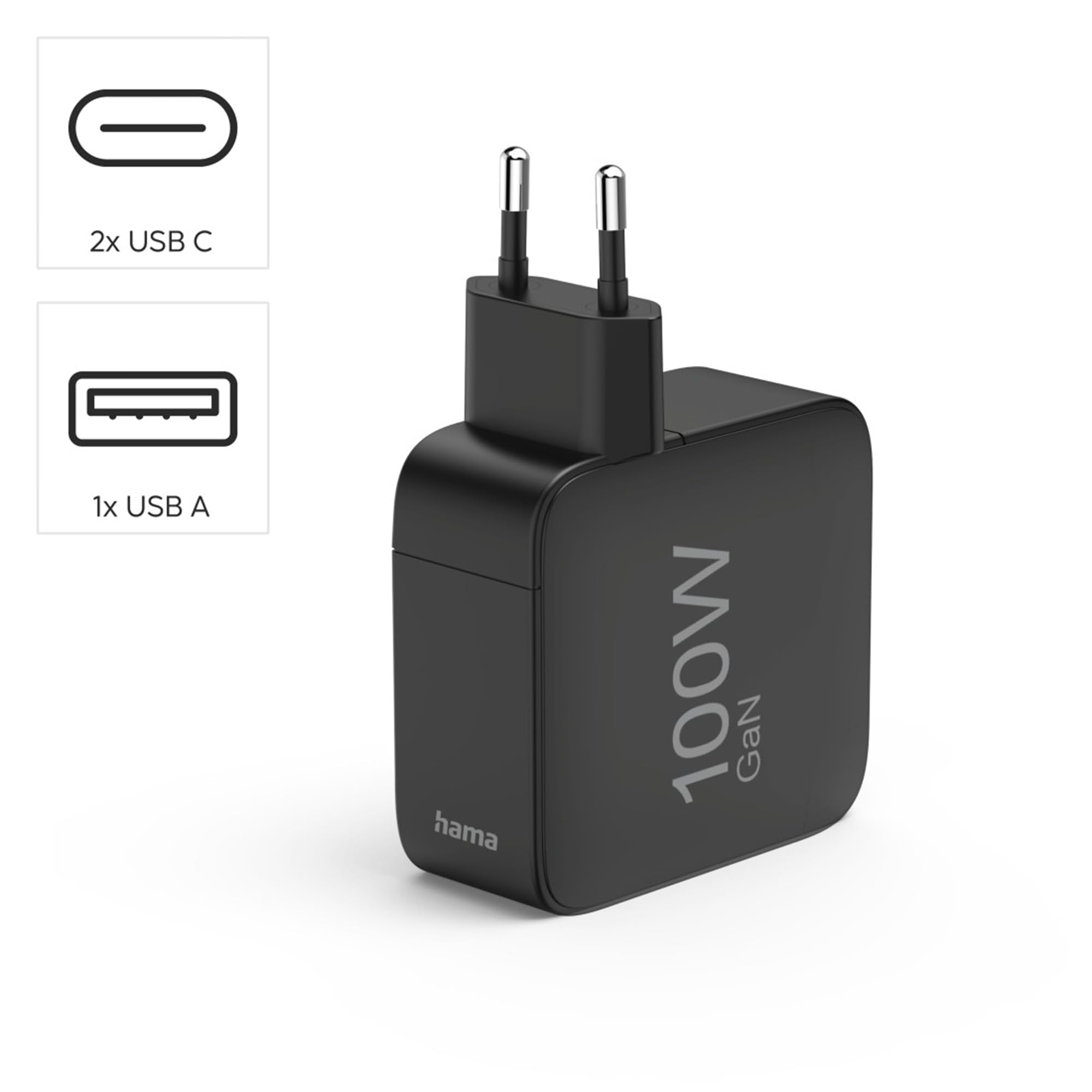 GaN 100 W szybka ładowarka z Power Delivery & Quick Charge 3.0 – 3-portowa USB-C i USB-A adapter do ładowania smartfonów, tabletów i laptopów – kompaktowa, bezpieczna, czarna