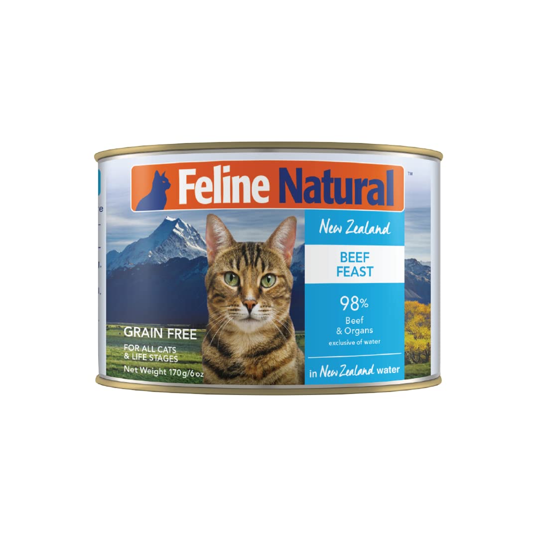 Feline Natural New Zealand Canned Catfood Wet Food, High-Meat, Low-Carb, & Grain Free Cat Food Wet, Beef Feast, 6 oz, Pack of 12