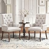 SoarFlash Chenille Dining Chairs Set of 2, Tall Back Side Chair, Modern Upholstered High-end Tufted Side Chair with Armrest, Solid Wood Leg, Beige