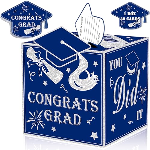 Image of AYGXU graduation card box Holder 2026 with 30pcs graduation cards,Graduation party Decorations,graduation box for gifts and Cards,graduation money box,Graduation Party favors Supplies-Royal Blue box