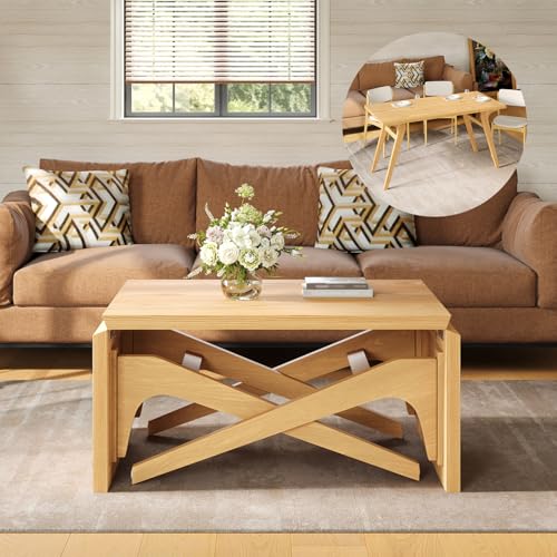 Clyrava Lift Top Coffee Table Converts to Dining Table - 2-in-1 Natural Transformer Coffee Table, Adjustable Height Expandable Wooden Convertible Desk for Small Space Living Room (Square-Natural)